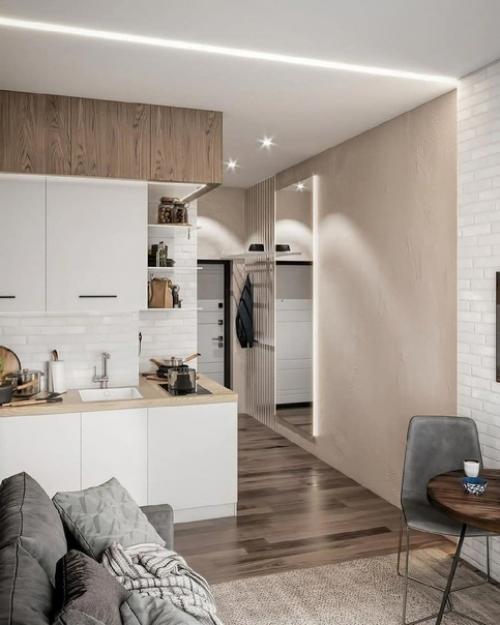 Интересное расположение кухни в студии и диван - кровать в таком маленьком пространстве единственное верное решение. 04