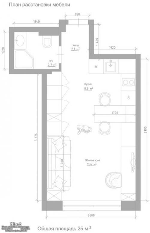 Современный и функциональный дизайн квартиры - студии 25 кв. 07