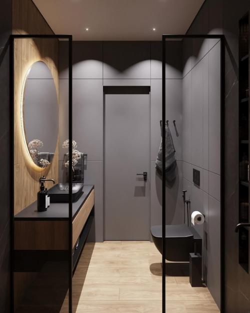 Интерьер санузла.  Кажется, что всё просто красивенько, хаотичные линии, какие-то приятные цвета, что легко повторить. 01