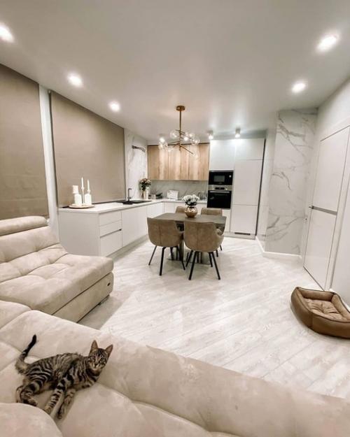 Прекрасный интерьер кухни - гостиной в светлой цветовой гамме. 01