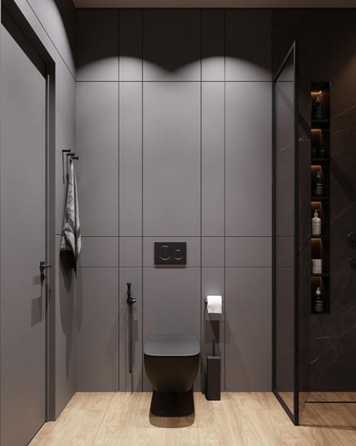 Интерьер санузла.  Кажется, что всё просто красивенько, хаотичные линии, какие-то приятные цвета, что легко повторить. 02