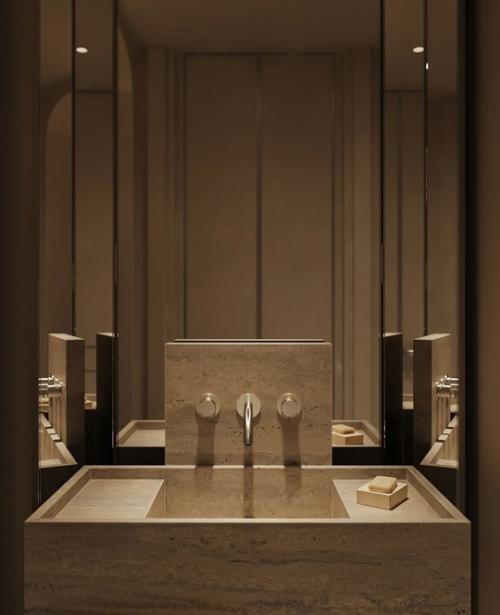 Интерьер шикарной ванной комнаты в загородном доме. 01