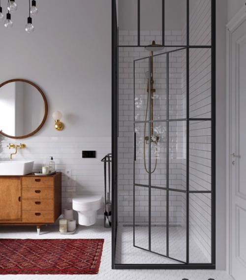 Ретро - тумба 50-60-х годов в интерьере необычной ванной комнаты с красным ковром. 01