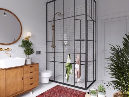 Ретро - тумба 50-60-х годов в интерьере необычной ванной комнаты с красным ковром. 02