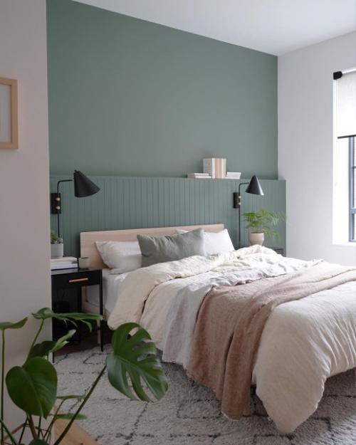 Сочетание серый + светлое дерево + зелёный в интерьере. 08