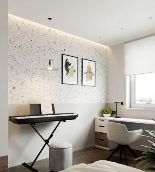 Монохромный интерьер небольшой детской комнаты для 8-летней девочки. 02