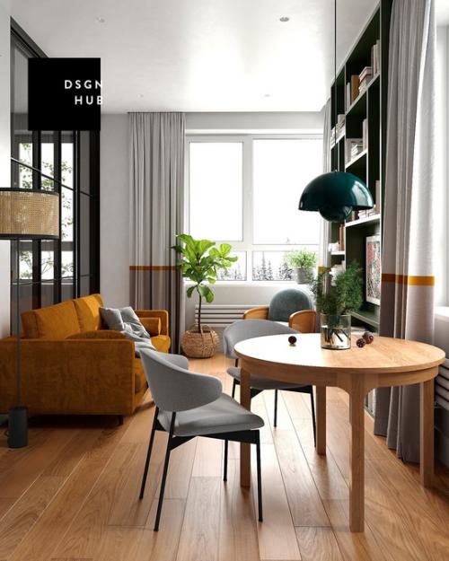 Очень красивая цветовая гамма в современном интерьере открытой кухни - гостиной. 06