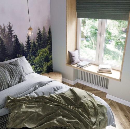 Ближе к природе: интерьер однокомнатной квартиры площадью 31 м с лесом в спальне. 07