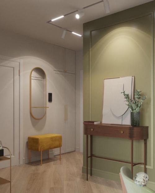 Лёгкий, спокойный интерьер 1-комнатной квартиры 42 м в приглашенных оттенках зелёного. 09