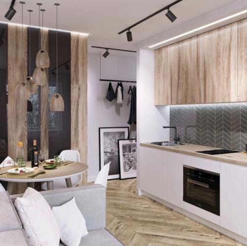 Ближе к природе: интерьер однокомнатной квартиры площадью 31 м с лесом в спальне. 02