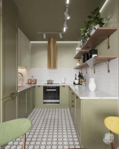 Лёгкий, спокойный интерьер 1-комнатной квартиры 42 м в приглашенных оттенках зелёного. 03