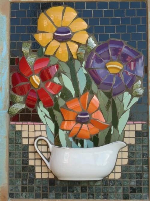 Декоративные мозаичные картины и панно из битой посуды и ненужной кафельной плитки. 06