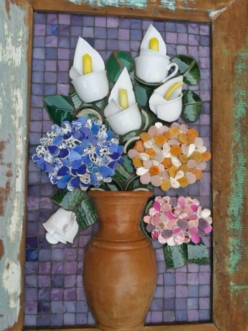 Декоративные мозаичные картины и панно из битой посуды и ненужной кафельной плитки. 02