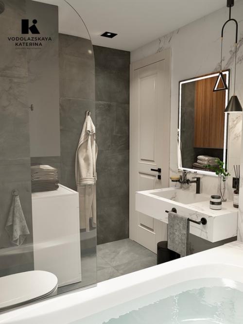 Дизайн интерьера санузла в современном стиле и сдержанных тоннах. 03