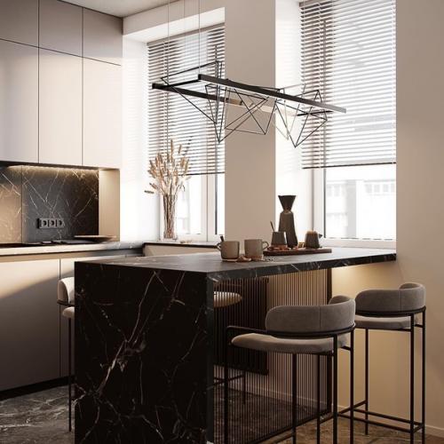 Стильный и строгий интерьер кухни - гостиной. 07