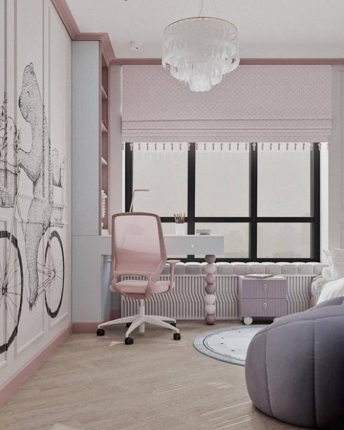Детская комната для маленькой принцессы выполнена в красивых пастельных оттенках, создавая нежное и утонченное цветовое сочетание. 05