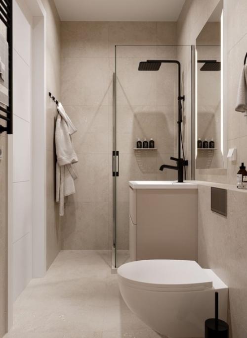 Современный интерьер небольшой квартиры - студии, оформленный в спокойной, натуральной цветовой гамме. 07