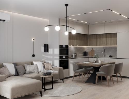 Визуализация кухни - гостиной из проекта квартиры для семейной пары. 01