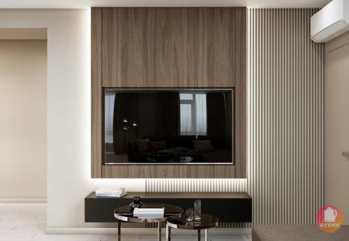 Современный интерьер кухни - гостиной в квартире площадью 65 кв. 06