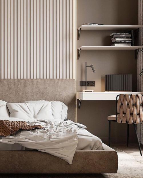 Лаконичный интерьер спальни с преобладанием различных оттенков коричневого. 01