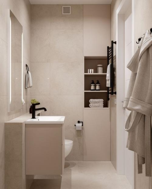 Современный интерьер небольшой квартиры - студии, оформленный в спокойной, натуральной цветовой гамме. 08