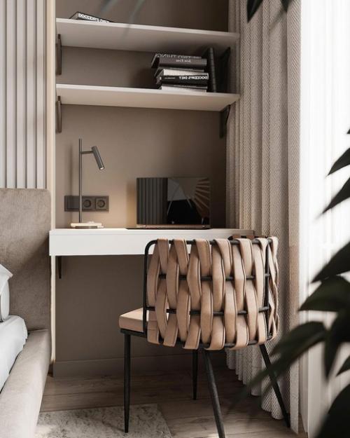 Лаконичный интерьер спальни с преобладанием различных оттенков коричневого. 04