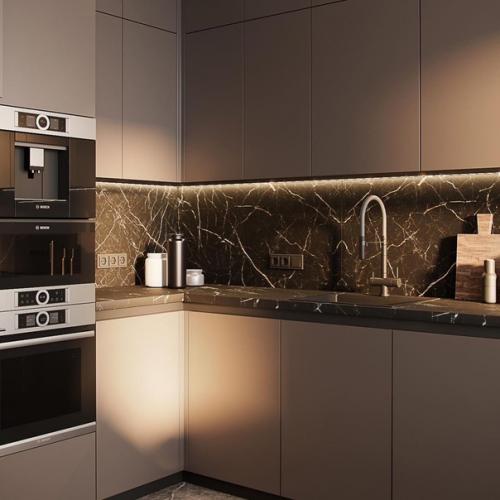 Стильный и строгий интерьер кухни - гостиной. 06