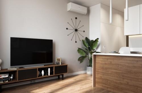 Современный интерьер небольшой квартиры - студии, оформленный в спокойной, натуральной цветовой гамме. 04