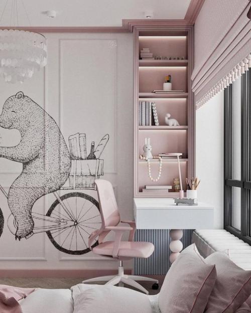 Детская комната для маленькой принцессы выполнена в красивых пастельных оттенках, создавая нежное и утонченное цветовое сочетание. 02