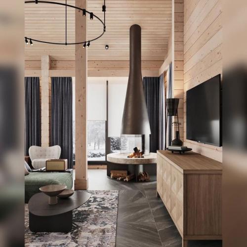 Интерьер просторной. Гостиной со столовой в двухсветном пространстве в доме из клеенного бруса под Санкт-петербургом! 05