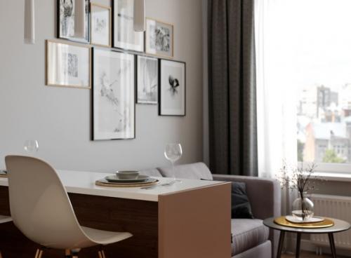 Современный интерьер небольшой квартиры - студии, оформленный в спокойной, натуральной цветовой гамме. 03