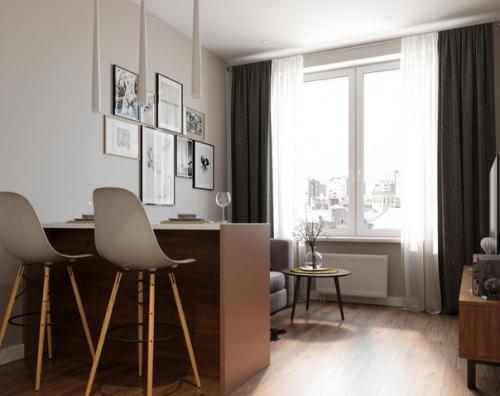 Современный интерьер небольшой квартиры - студии, оформленный в спокойной, натуральной цветовой гамме. 02