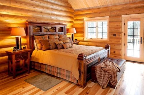 Интерьер спальни в доме из бревна. 01