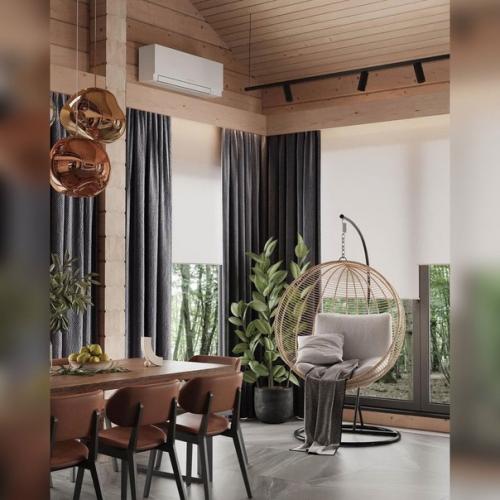 Интерьер просторной. Гостиной со столовой в двухсветном пространстве в доме из клеенного бруса под Санкт-петербургом! 03