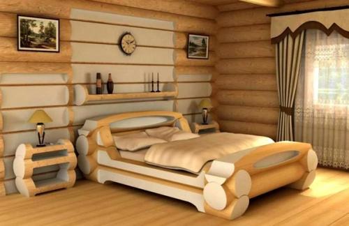 Интерьер спальни в доме из бревна. 03