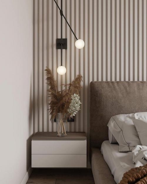 Лаконичный интерьер спальни с преобладанием различных оттенков коричневого. 03