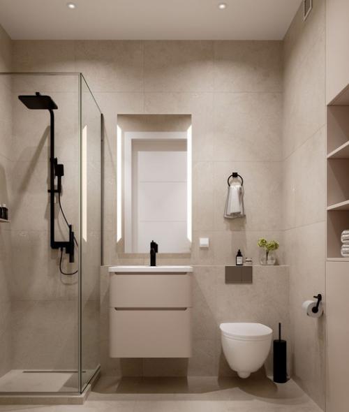 Современный интерьер небольшой квартиры - студии, оформленный в спокойной, натуральной цветовой гамме. 06