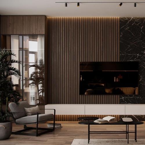 Стильный и строгий интерьер кухни - гостиной. 04