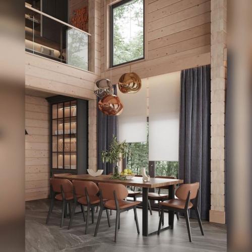 Интерьер просторной. Гостиной со столовой в двухсветном пространстве в доме из клеенного бруса под Санкт-петербургом! 02