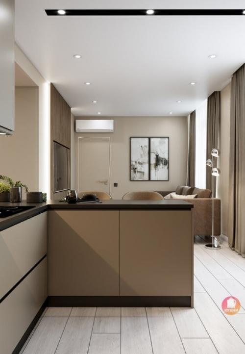 Современный интерьер кухни - гостиной в квартире площадью 65 кв. 03