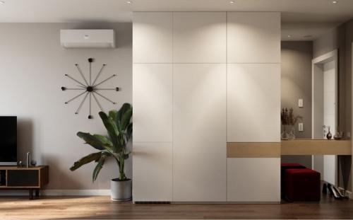 Современный интерьер небольшой квартиры - студии, оформленный в спокойной, натуральной цветовой гамме. 05