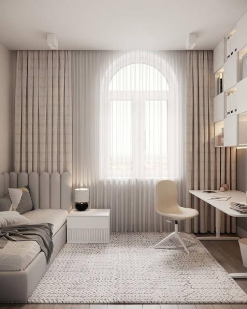 В комнате для подростка создана атмосфера комфорта, где интерьер оформлен в единой цветовой гамме, а дизайн выполнен в простом стиле. 01