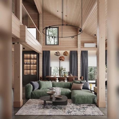 Интерьер просторной. Гостиной со столовой в двухсветном пространстве в доме из клеенного бруса под Санкт-петербургом! 01