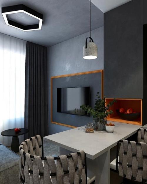 Небольшая, но очень стильная кухня - гостиная, прекрасный вариант для маленькой квартиры. 05