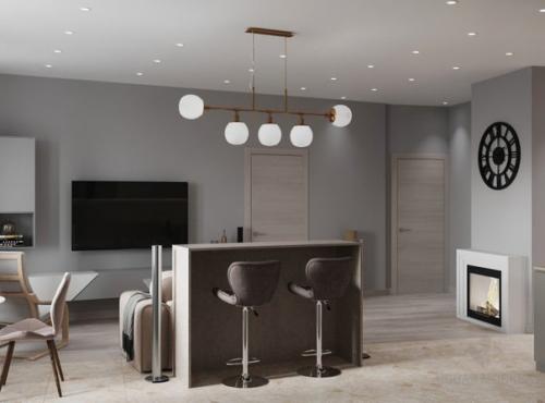 Квартира с нестандартной планировкой, где мы спроектировали объединенное пространство кухни - гостиной и две приватные комнаты. 04