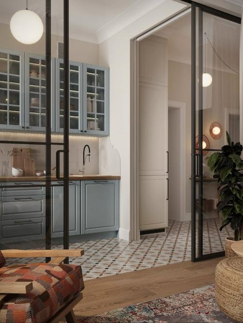 Проект квартиры.  Сначала заказчица мечтала о белой кухне - классической, лёгкой и универсальной. 07