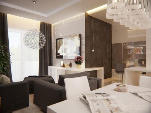 Элегантная гостиная, совмещенная с кухней, оформлена в стиле минимализм и включает все необходимое для комфорта. 05