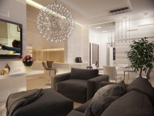 Элегантная гостиная, совмещенная с кухней, оформлена в стиле минимализм и включает все необходимое для комфорта. 06