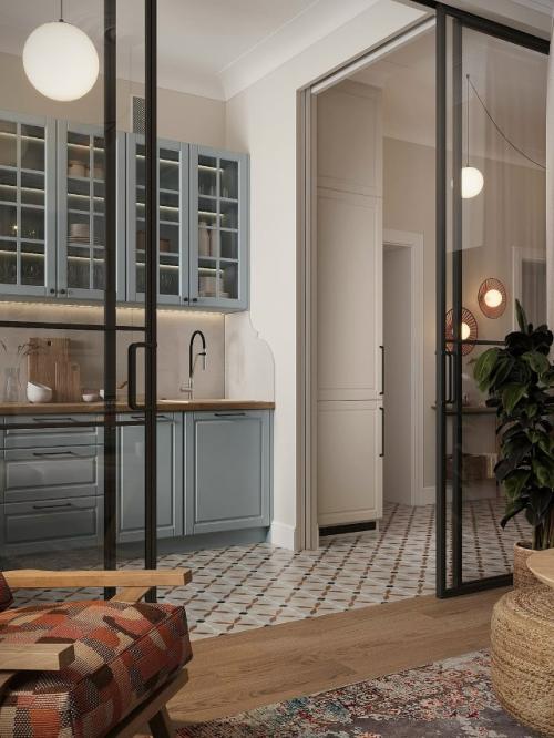 Проект квартиры.  Сначала заказчица мечтала о белой кухне - классической, лёгкой и универсальной. 08