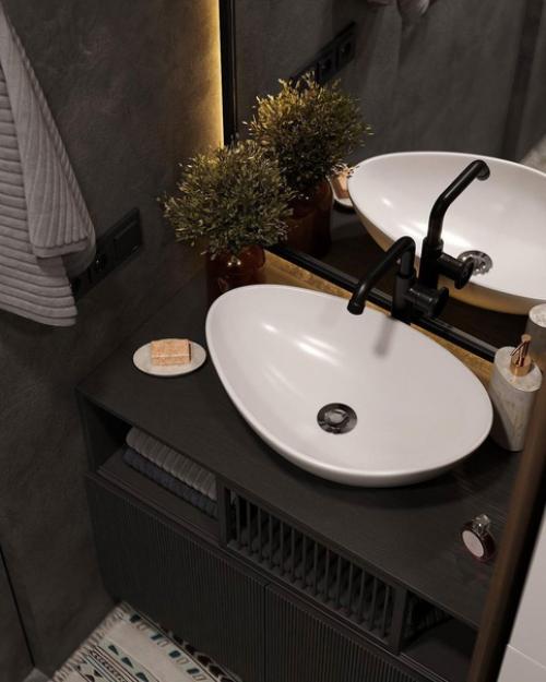 Интерьер ванной комнаты в тёмных оттенках. 05